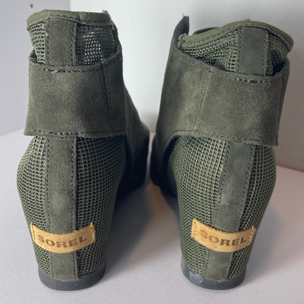 Sorel Joanie Mesh Peep Toe Wedge Sandals Olive Green Leather Womens 9.5 - Picture 5 of 9